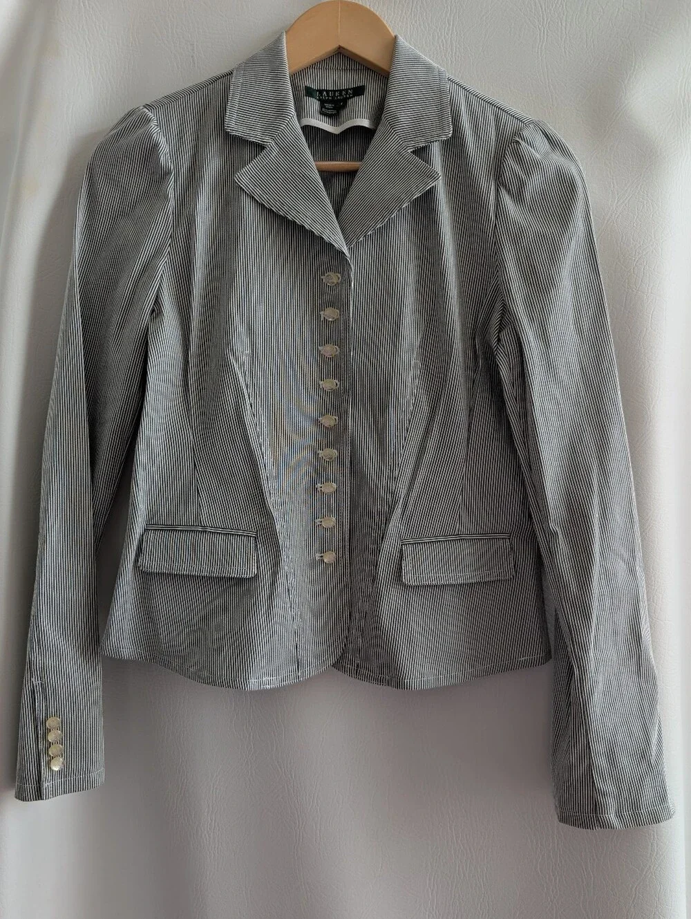 Ralph Lauren Cotton Gray White Pinstripe Tailored Women's Blazer - S